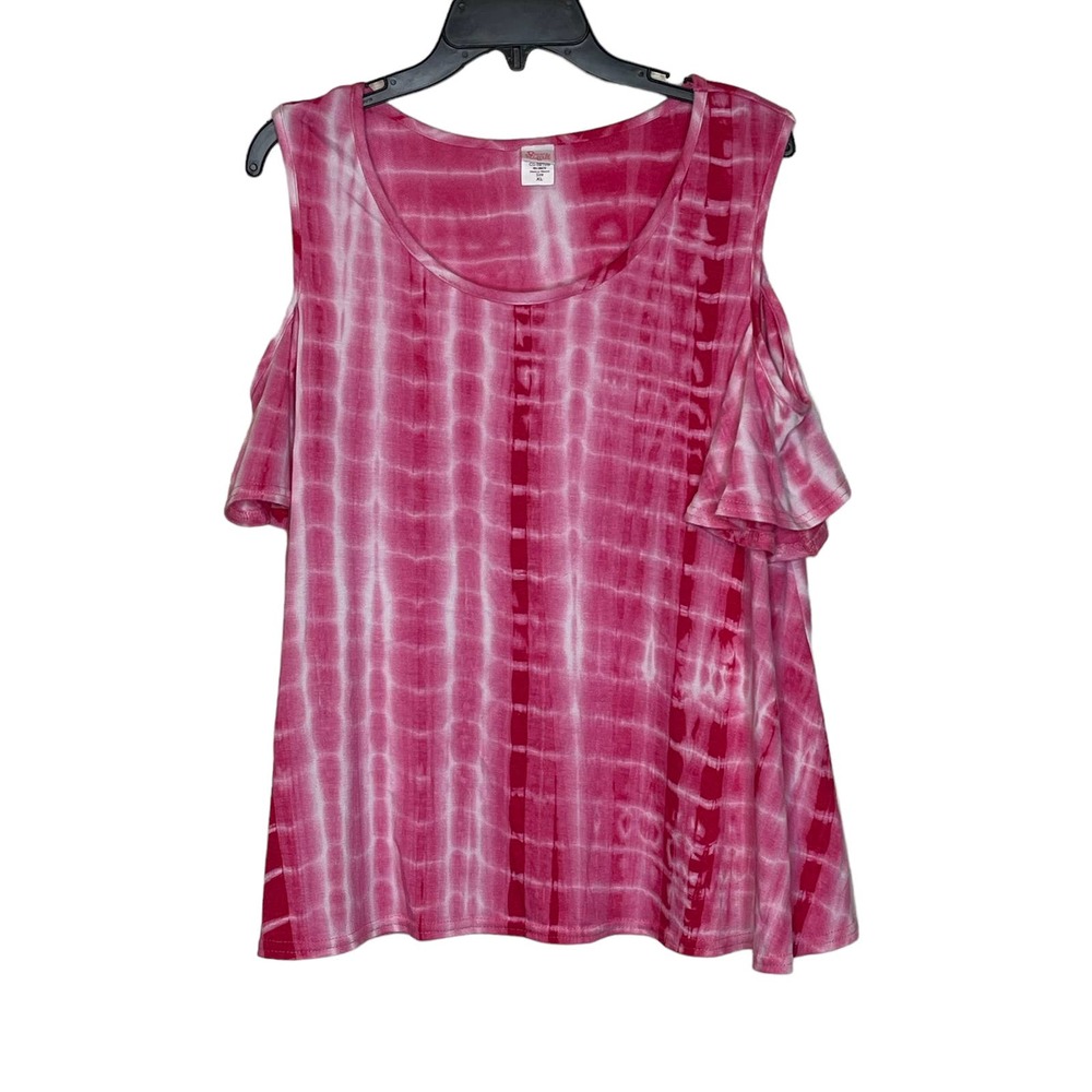 Ricrac & Ruffles Pink Tie Dye Cold Shoulder Top‎ Stretch Ruffled Sleeve XL Women
